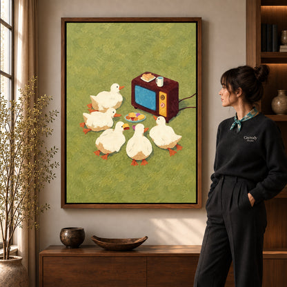 Walnut framed funny duck television canvas art room scene assigned to all six walnut framed canvas sizes.