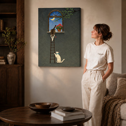 Gallery wrapped moonlit ladder cats canvas art with subtly shaded canvas edges beside a woman wearing cream clothing.