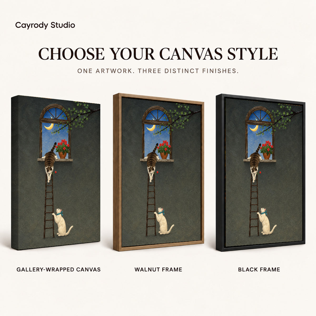 Moonlit ladder cats canvas art finish chart showing gallery wrapped canvas, walnut frame, and black frame options.