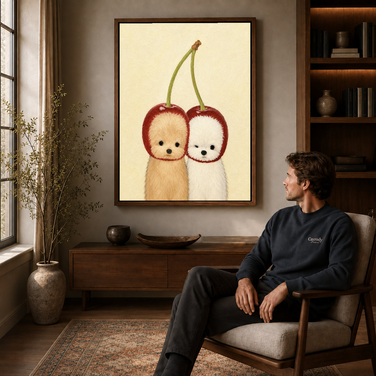 Walnut framed cherry puppy canvas art above a seated man in a cozy wood furnished living room.