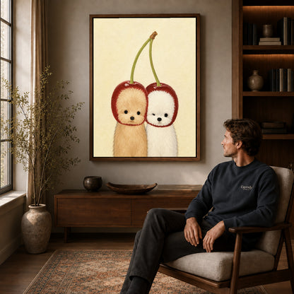 Walnut framed cherry puppy canvas art above a seated man in a cozy wood furnished living room.