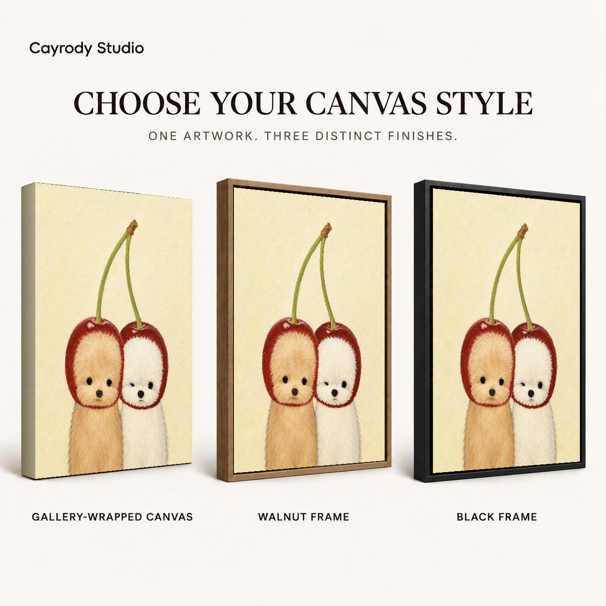 Cherry puppy canvas art finish chart showing gallery wrapped canvas, walnut frame, and black frame options.