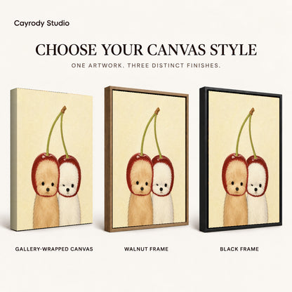 Cherry puppy canvas art finish chart showing gallery wrapped canvas, walnut frame, and black frame options.