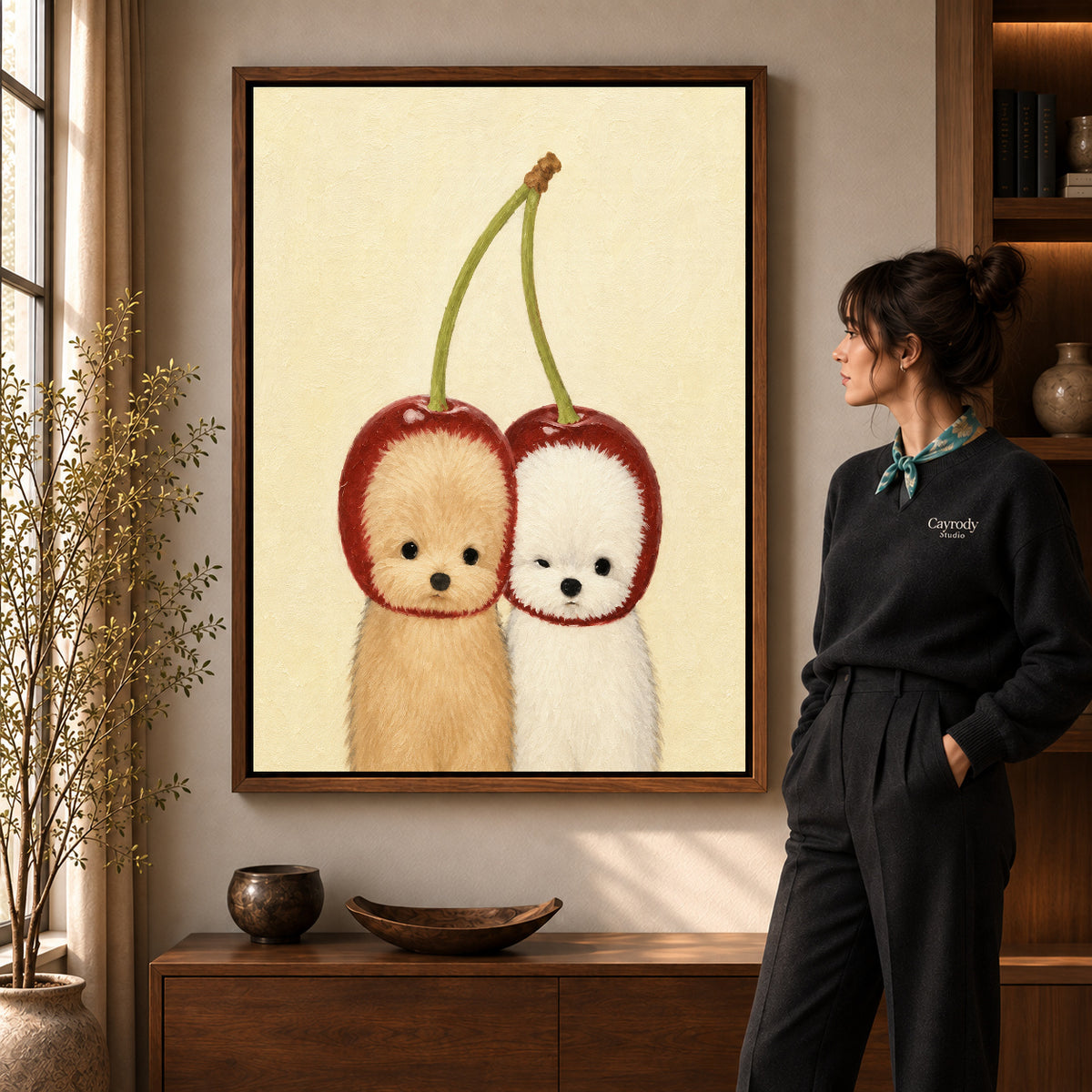 Walnut framed cherry puppy canvas art room scene assigned to all six walnut framed canvas sizes.
