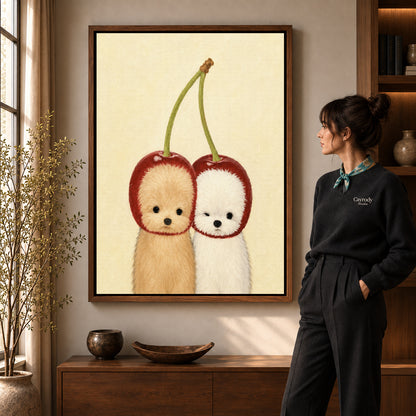 Walnut framed cherry puppy canvas art room scene assigned to all six walnut framed canvas sizes.