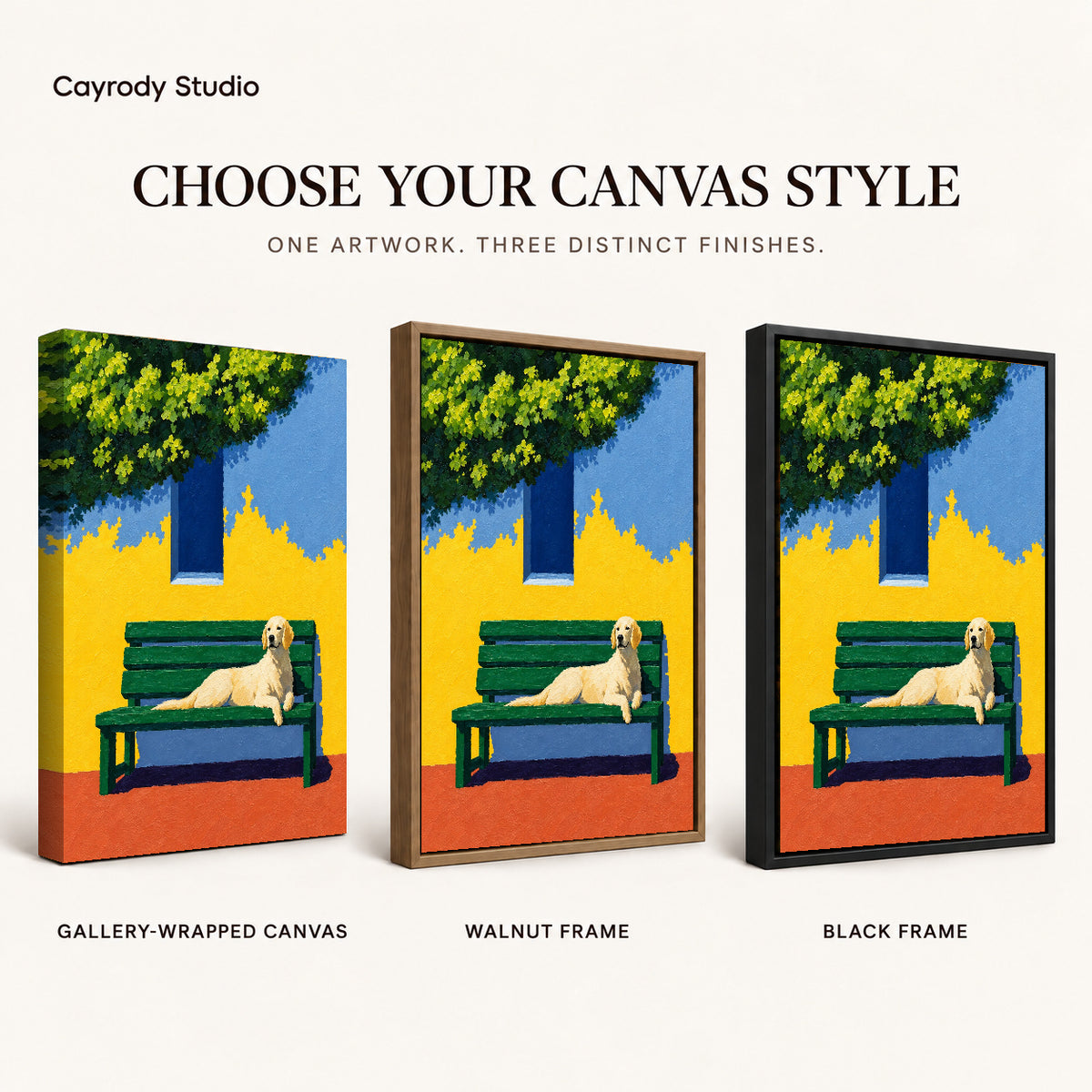 Golden retriever bench canvas art finish chart showing gallery wrapped canvas, walnut frame, and black frame options.
