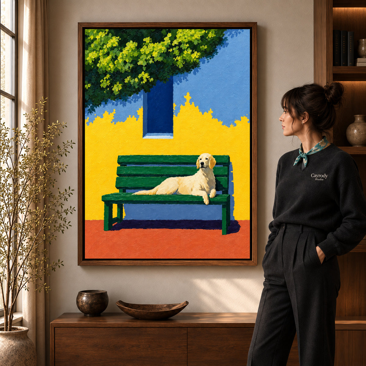 Walnut framed golden retriever bench canvas art room scene assigned to all six walnut framed canvas sizes.