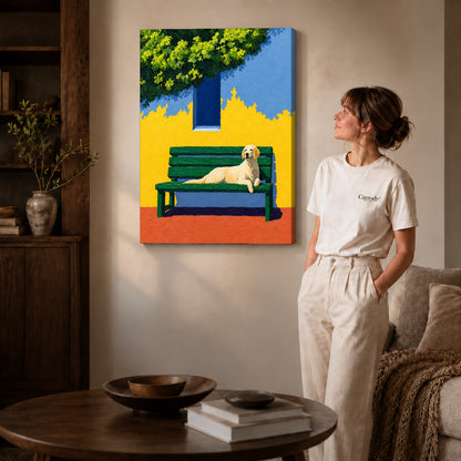 Gallery wrapped golden retriever bench canvas art room scene assigned to all six unframed wrapped canvas sizes.