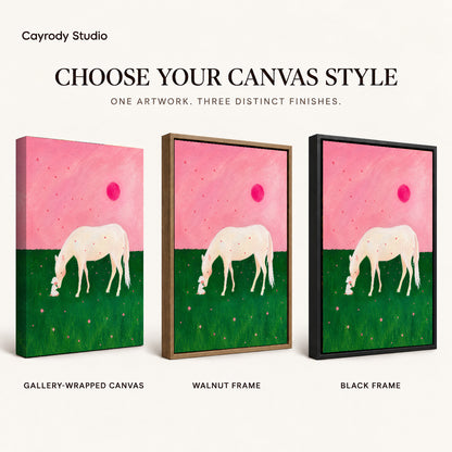 Pink meadow horse canvas art finish chart showing gallery wrapped canvas, walnut frame, and black frame options.