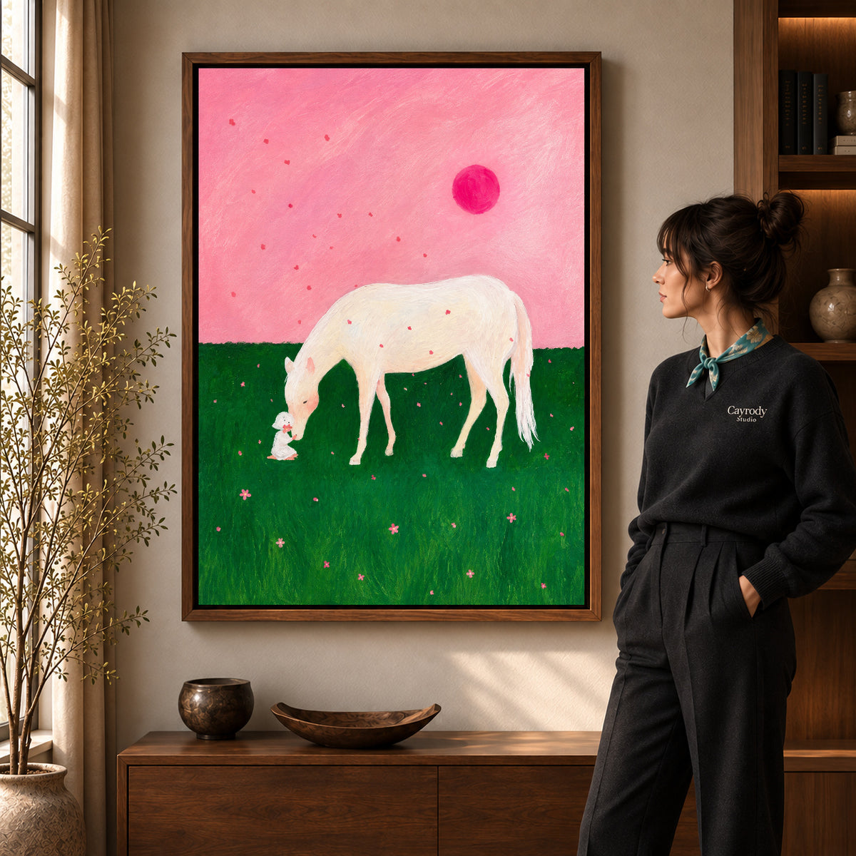 Walnut framed pink meadow horse canvas art room scene assigned to all six walnut framed canvas sizes.