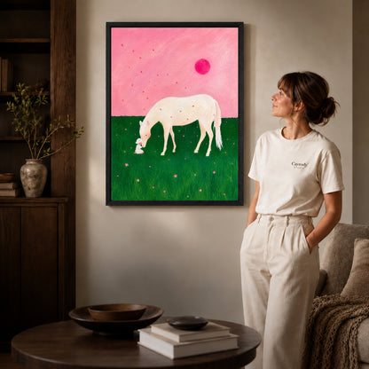 Black framed pink meadow horse canvas art room scene assigned to all six black framed canvas sizes.