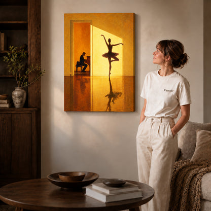 Gallery wrapped golden ballerina canvas art with subtly shaded canvas edges beside a woman wearing cream clothing.