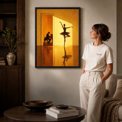 Black framed golden ballerina canvas art displayed beside a woman in a warm wood living room.