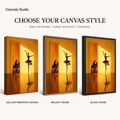 Golden ballerina canvas art finish chart showing gallery wrapped canvas, walnut frame, and black frame options.