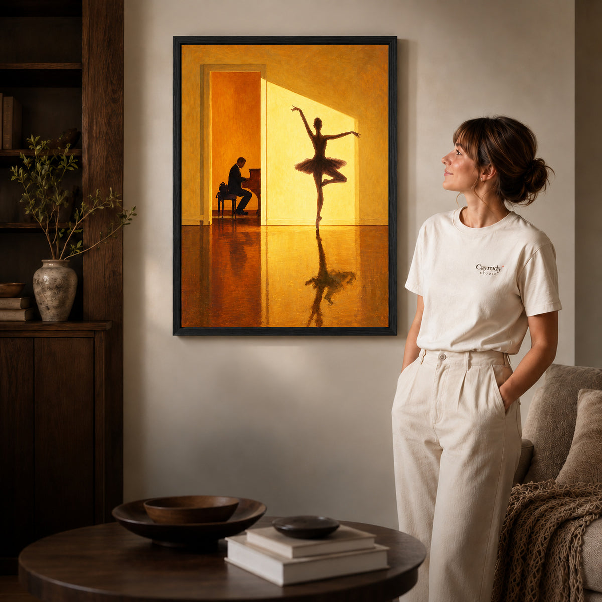 Black framed golden ballerina canvas art room scene assigned to all six black framed canvas sizes.