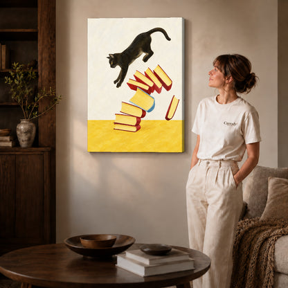 Gallery wrapped leaping cat books canvas art with subtly shaded canvas edges beside a woman wearing cream clothing.