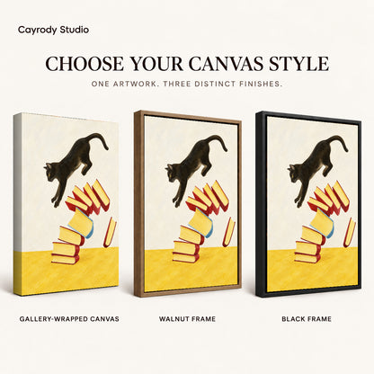 Leaping cat books canvas art finish chart showing gallery wrapped canvas, walnut frame, and black frame options.