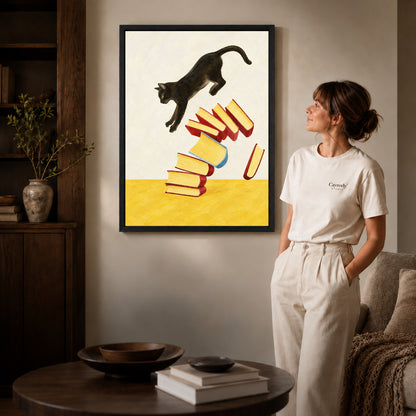 Black framed leaping cat books canvas art room scene assigned to all six black framed canvas sizes.
