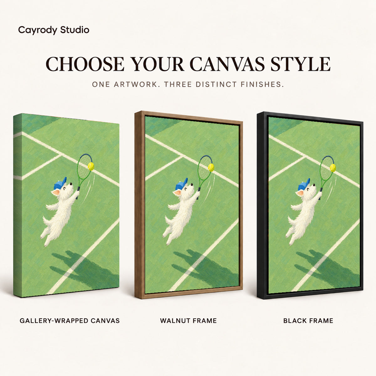 Playful tennis dog canvas art finish chart showing gallery wrapped canvas, walnut frame, and black frame options.
