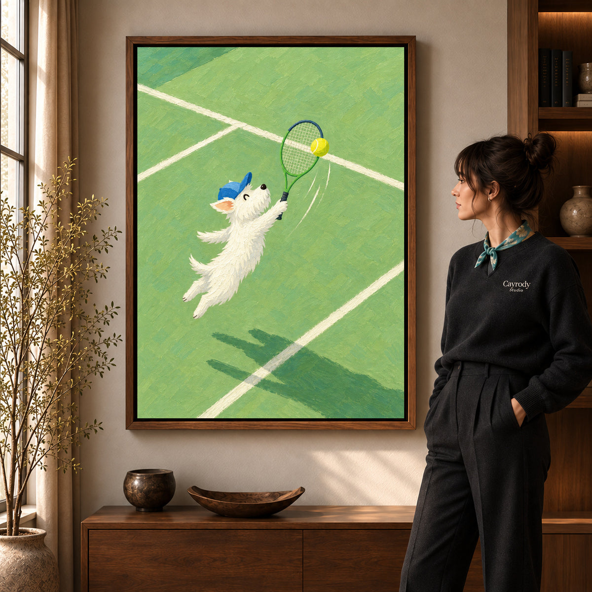 Walnut framed playful tennis dog canvas art room scene assigned to all six walnut framed canvas sizes.