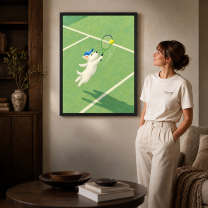 Black framed playful tennis dog canvas art room scene assigned to all six black framed canvas sizes.