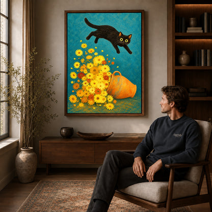 Walnut framed playful cat daisy canvas art above a seated man in a cozy wood furnished living room.