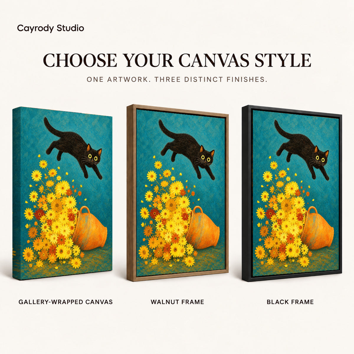 Playful cat daisy canvas art finish chart showing gallery wrapped canvas, walnut frame, and black frame options.