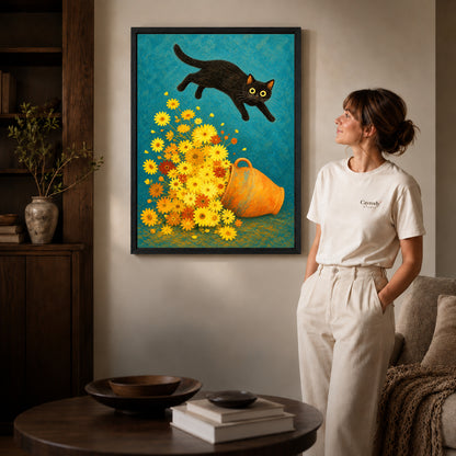 Black framed playful cat daisy canvas art room scene assigned to all six black framed canvas sizes.