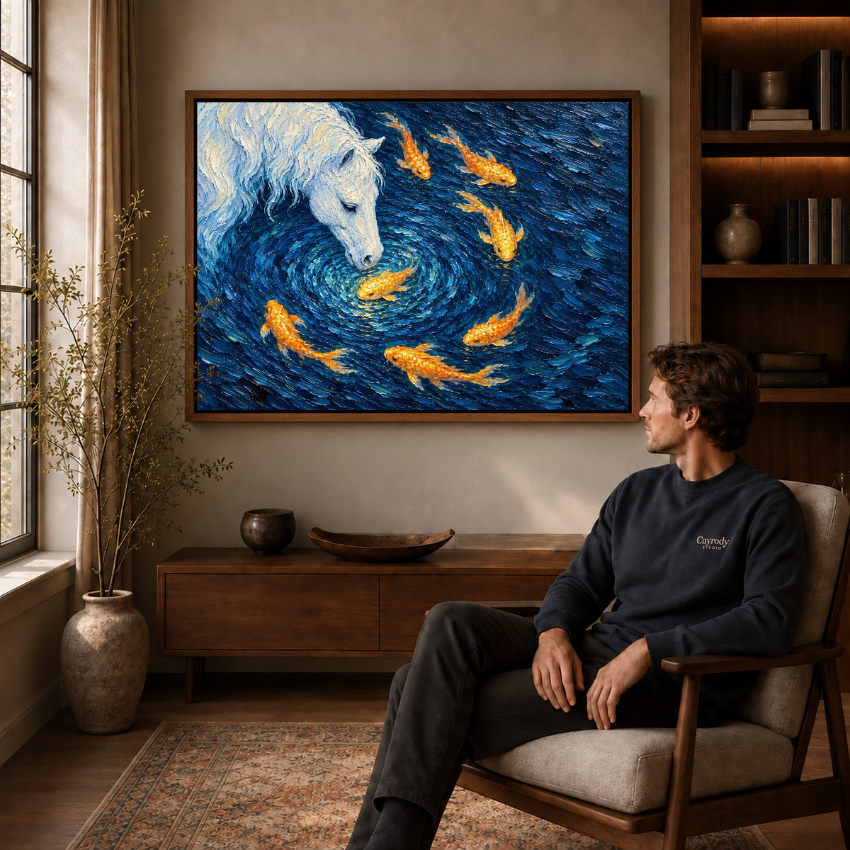 Walnut framed landscape white horse koi canvas art above a seated man in a cozy wood furnished living room.