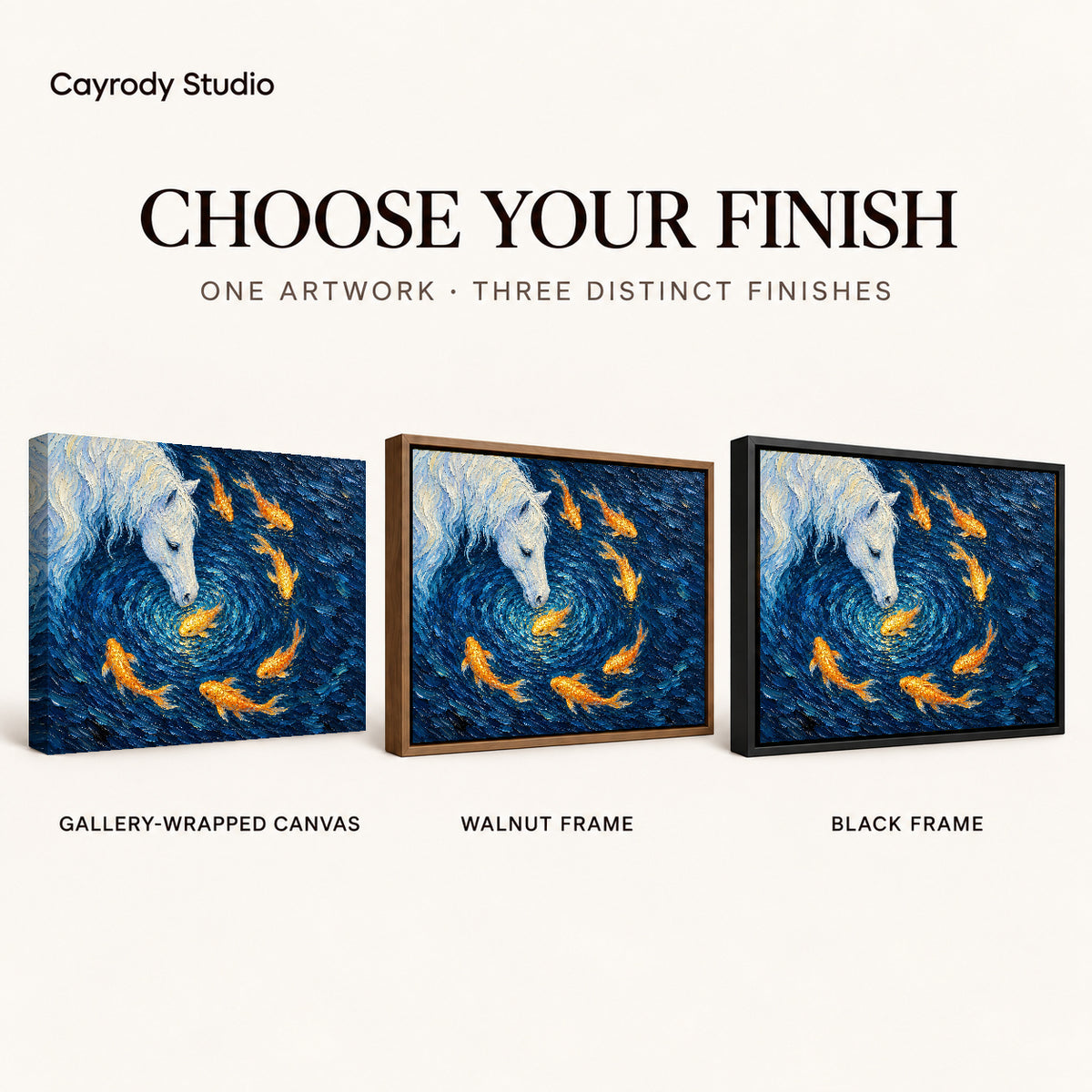 White horse koi canvas art finish chart showing gallery wrapped canvas, walnut frame, and black frame options.