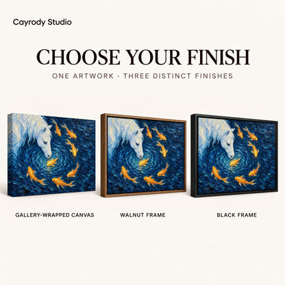 White horse koi canvas art finish chart showing gallery wrapped canvas, walnut frame, and black frame options.