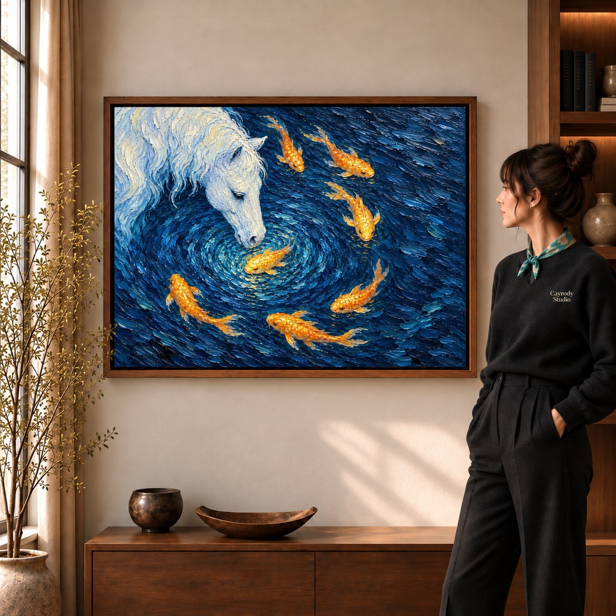 Walnut framed landscape white horse koi canvas art room scene assigned to all six walnut framed canvas sizes.