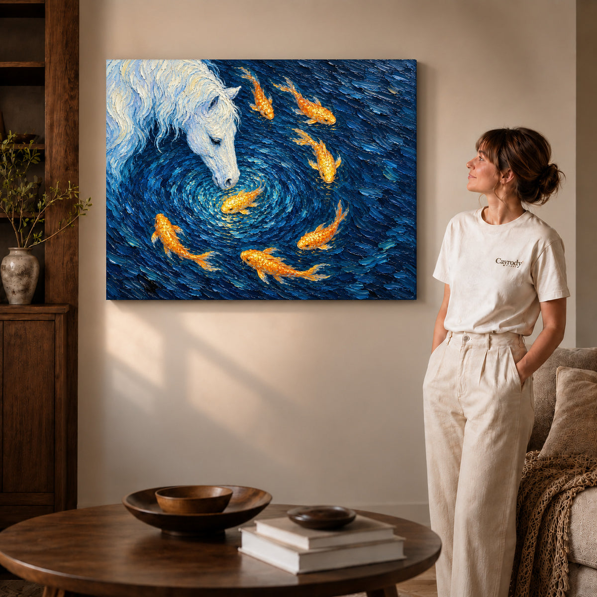 Gallery wrapped landscape white horse koi canvas art room scene assigned to all six unframed wrapped canvas sizes.