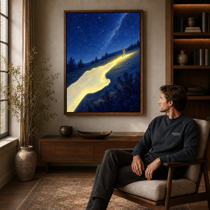 Walnut framed guiding light canvas art above a seated man in a cozy wood furnished living room.