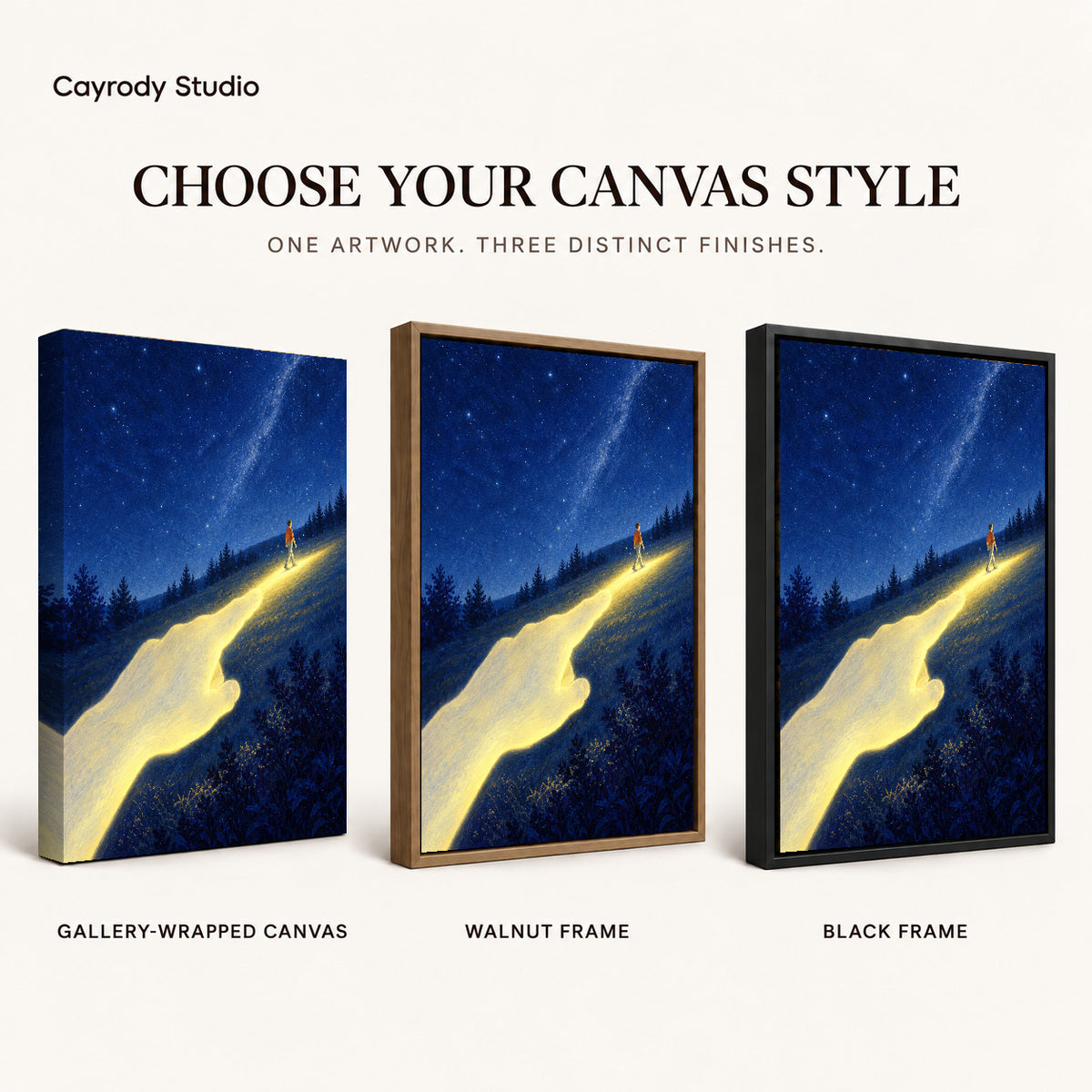 Guiding light canvas art finish chart showing gallery wrapped canvas, walnut frame, and black frame options.
