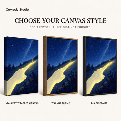 Guiding light canvas art finish chart showing gallery wrapped canvas, walnut frame, and black frame options.