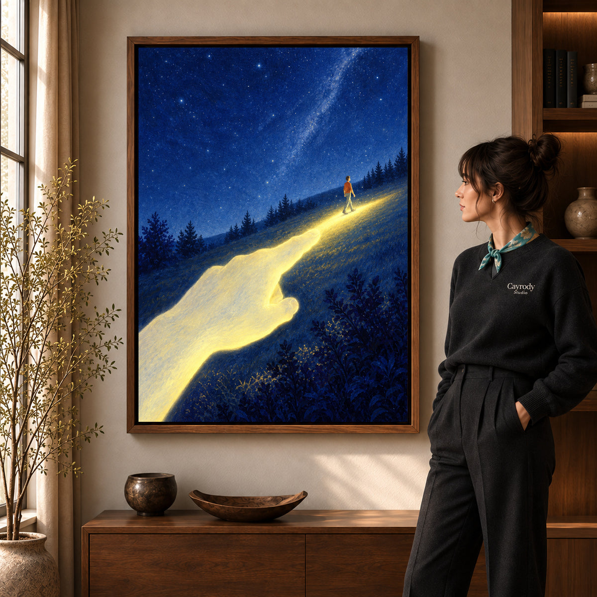 Walnut framed guiding light canvas art room scene assigned to all six walnut framed canvas sizes.