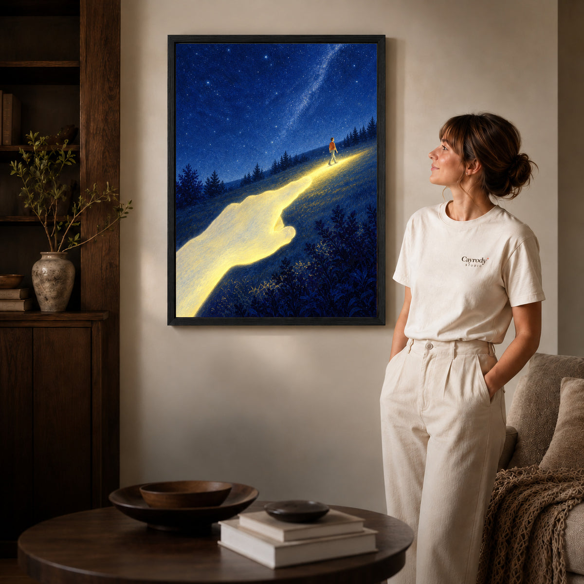 Black framed guiding light canvas art room scene assigned to all six black framed canvas sizes.