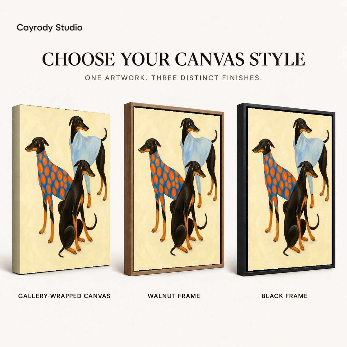 Stylish greyhound trio canvas art finish chart showing gallery wrapped canvas, walnut frame, and black frame options.