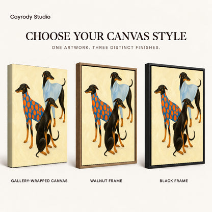 Stylish greyhound trio canvas art finish chart showing gallery wrapped canvas, walnut frame, and black frame options.