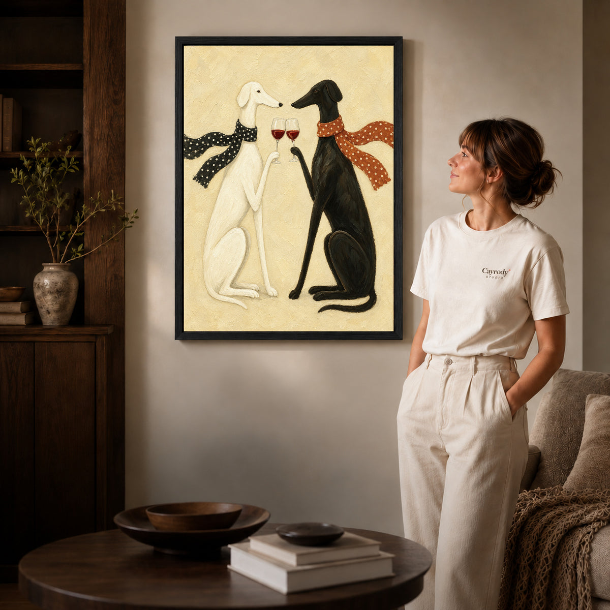 Black framed toasting greyhounds canvas art room scene assigned to all six black framed canvas sizes.