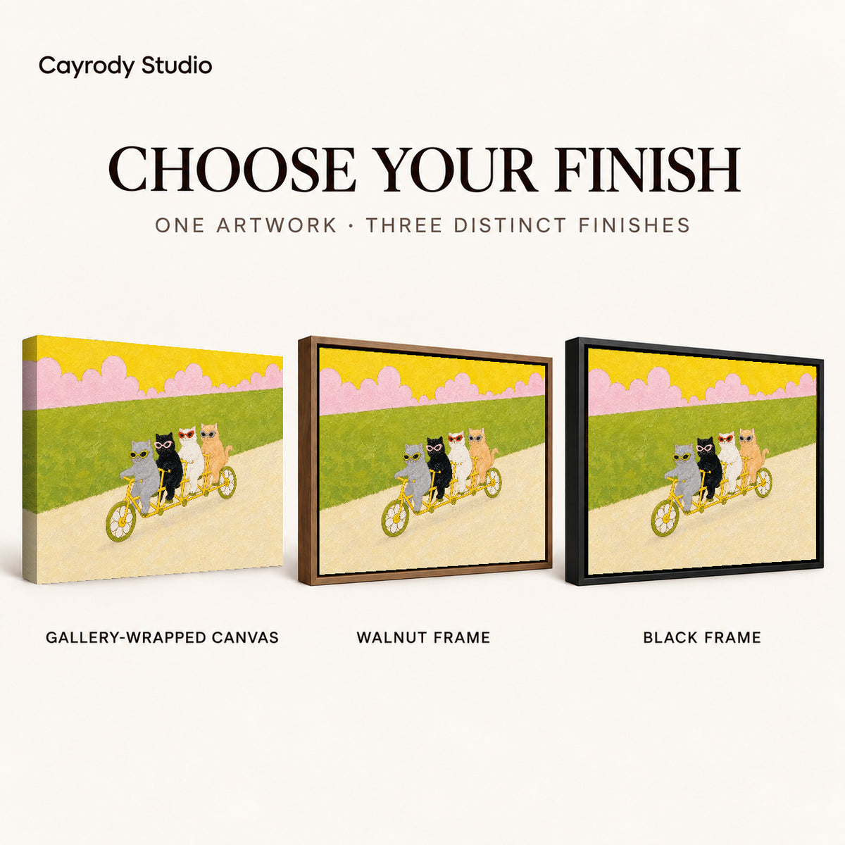 Tandem cycling cats canvas art finish chart showing gallery wrapped canvas, walnut frame, and black frame options.