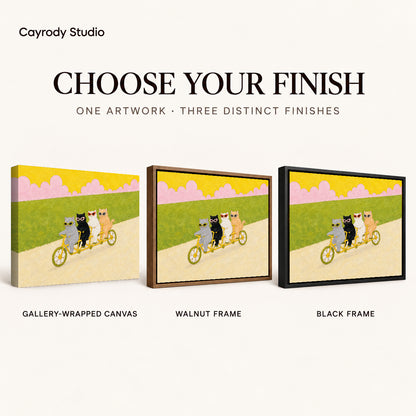 Tandem cycling cats canvas art finish chart showing gallery wrapped canvas, walnut frame, and black frame options.