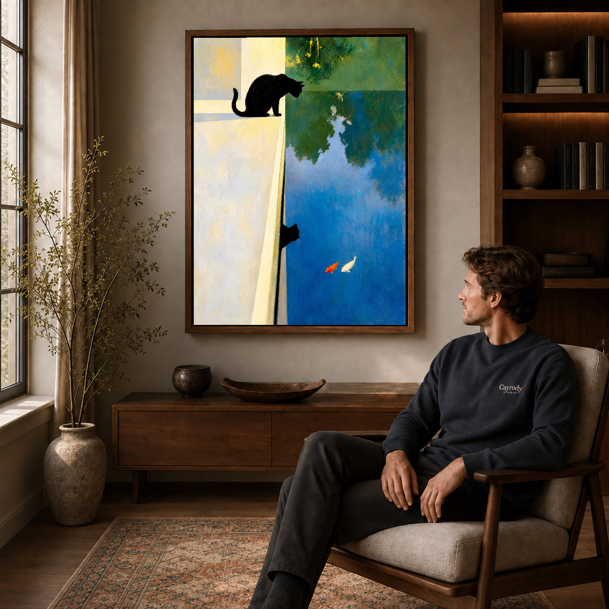 Walnut framed reflective black cat canvas art above a seated man in a cozy wood furnished living room.