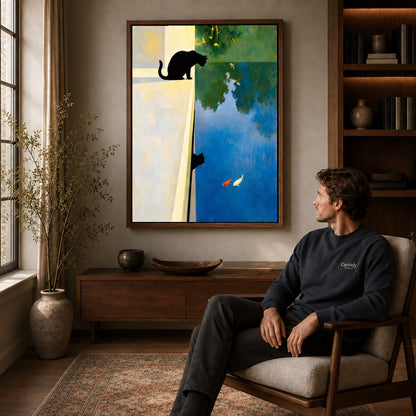 Walnut framed reflective black cat canvas art above a seated man in a cozy wood furnished living room.