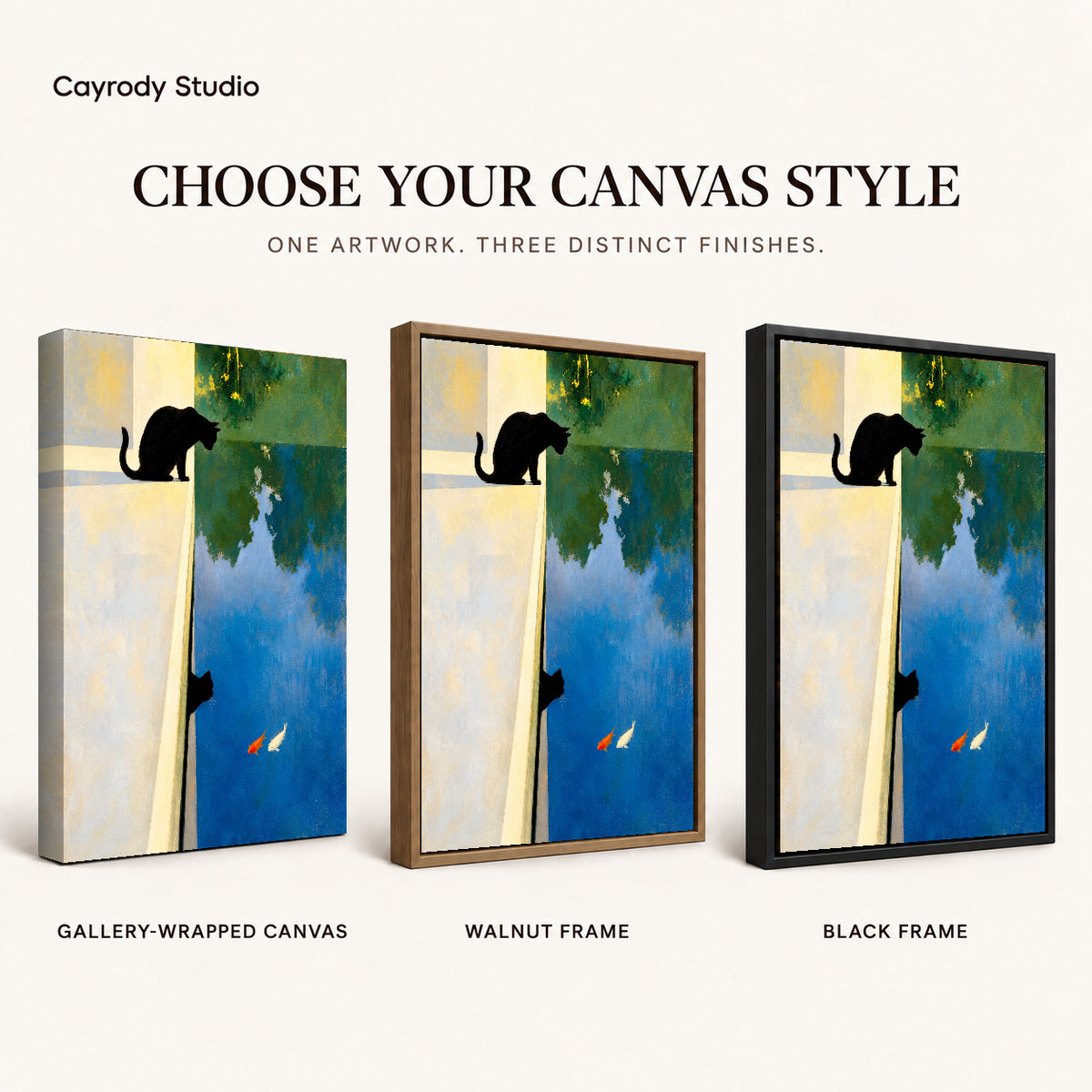 Reflective black cat canvas art finish chart showing gallery wrapped canvas, walnut frame, and black frame options.