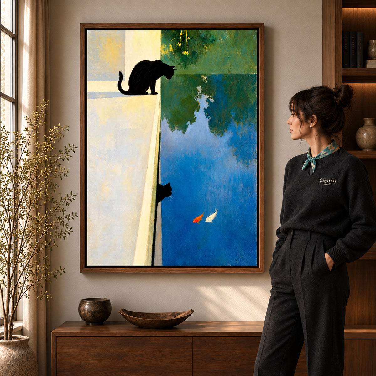 Walnut framed reflective black cat canvas art room scene assigned to all six walnut framed canvas sizes.
