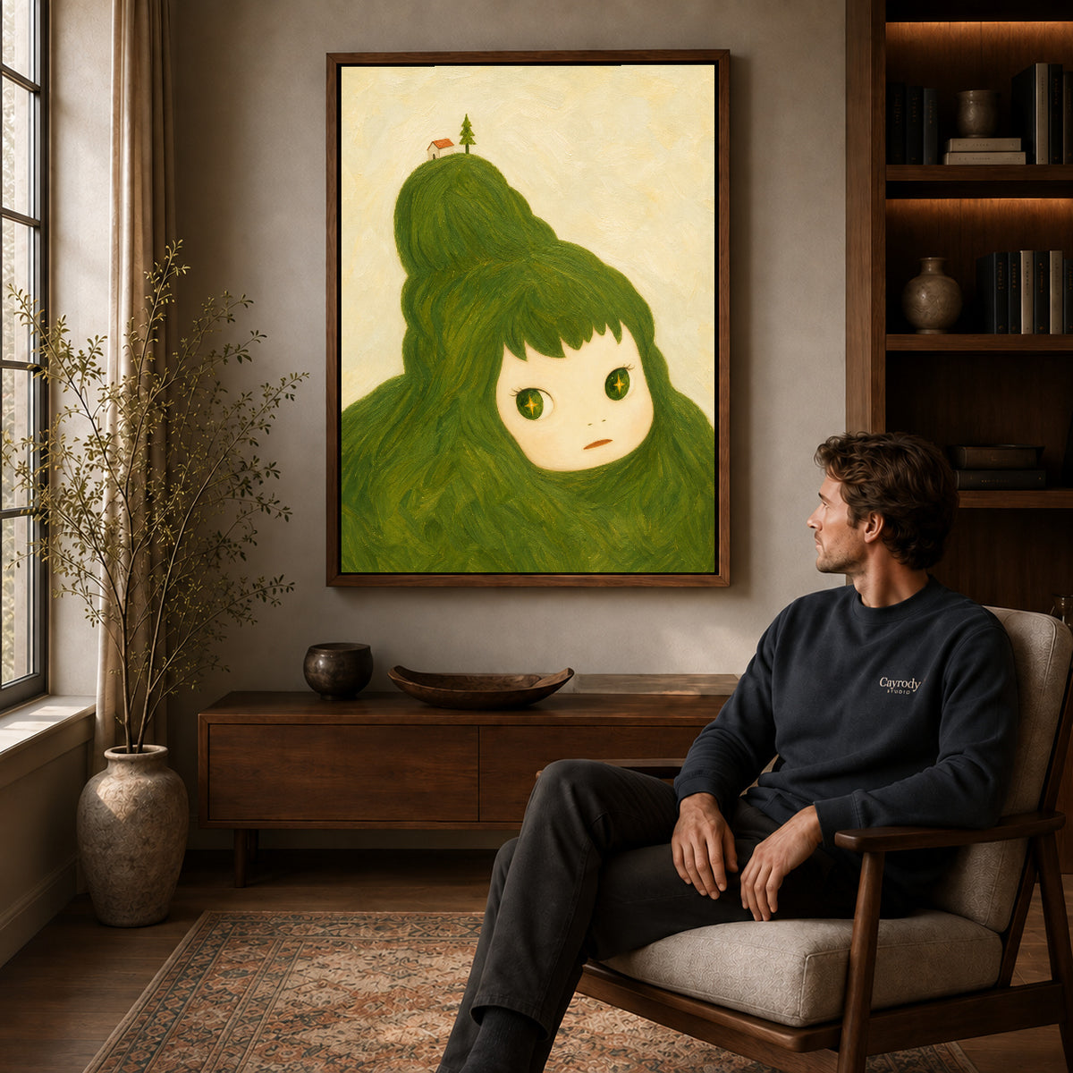 Walnut framed dreamy green hair canvas art above a seated man in a cozy wood furnished living room.