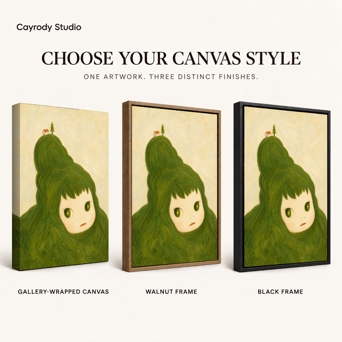 Dreamy green hair canvas art finish chart showing gallery wrapped canvas, walnut frame, and black frame options.