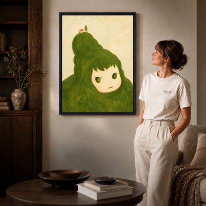 Black framed dreamy green hair canvas art room scene assigned to all six black framed canvas sizes.